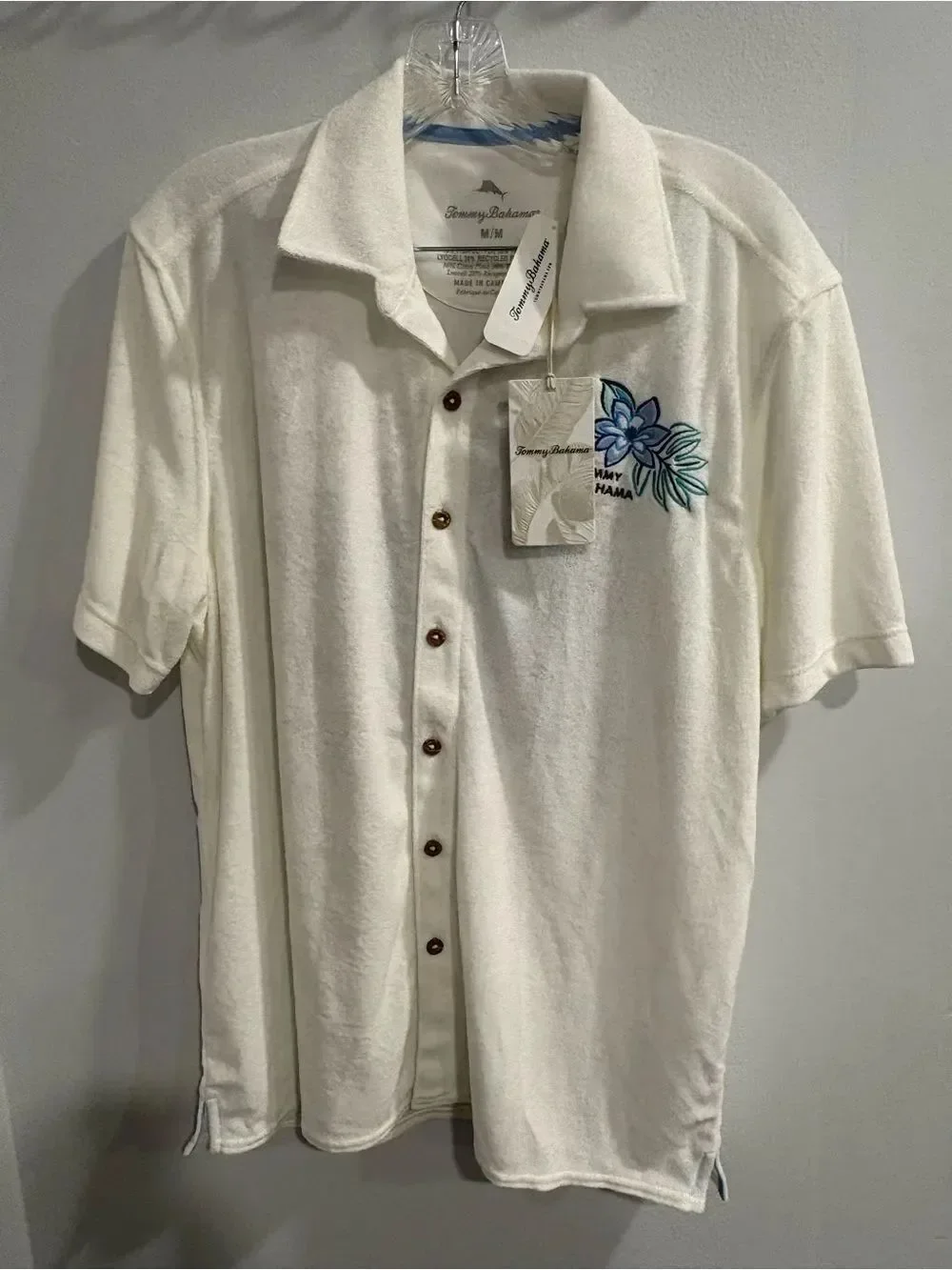 Tommy Bahama Cream Short-Sleeve Terry Button-Down with Blue Floral Embroidery